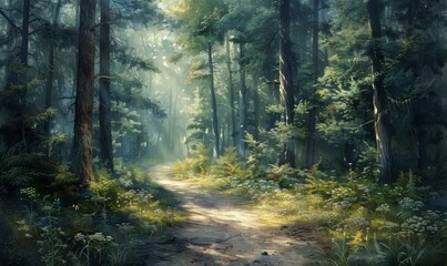 Obraz premium Shady forest path with tall trees