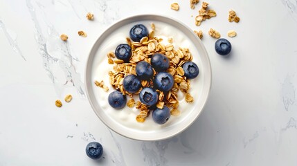 Delicious yogurt bowl with fresh blueberries and granola on a marble background. Perfect for breakfast or a healthy snack. Clean and modern food photography. High-quality stock photo. AI