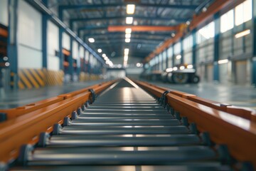 Fototapeta premium Production line with conveyor rollers for objects transportation.