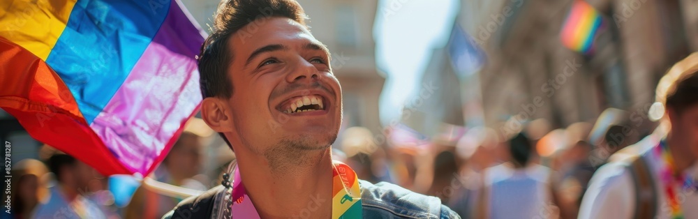 Wall mural a man is smiling and holding a rainbow flag. concept of happiness and pride, as the man is likely ce