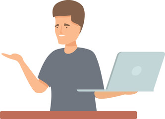 Young man is working from home, holding a laptop and gesturing during an online meeting