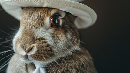 A cute rabbit wearing a top hat and bow tie poses stylishly on black background