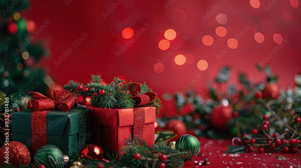 Aufkleber A close-up image of two wrapped Christmas presents adorned with pine branches and red berries, set against a red background with out-of-focus lights. The presents have a festive feel and are ideal for