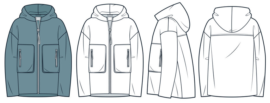 Parka Coat technical fashion Illustration. Jacket fashion flat technical drawing template, front zipper, pockets, hood, front, side and back view, white, green, women, men, unisex CAD mockup set.