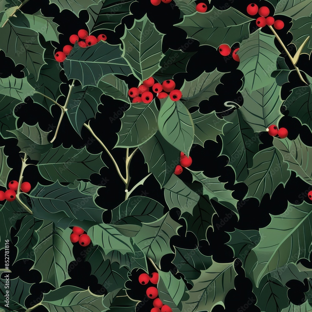 Poster this image features a seamless pattern of green holly leaves and red berries on a black background. 