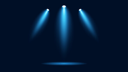 Spotlights on a dark background. Bright lighting with spotlights. Spotlight blue vector illustration for layouts. Blue beams