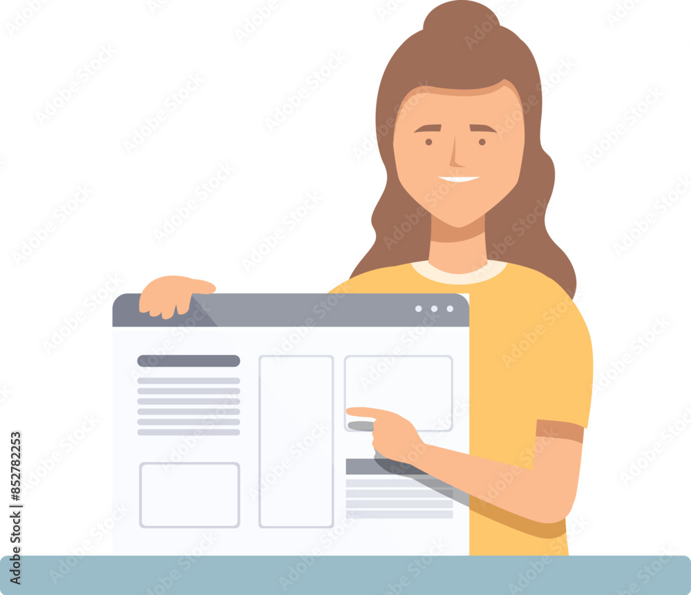 Poster smiling woman is presenting a website layout on a desktop computer screen