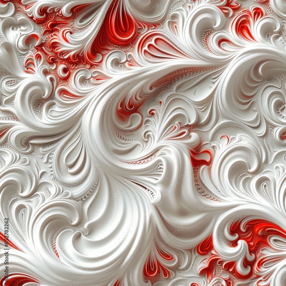 Leinwandbilder This image features a digitally created, abstract design of swirling, intertwining floral patterns in white and red. The background appears to be white and features several red sections that create an