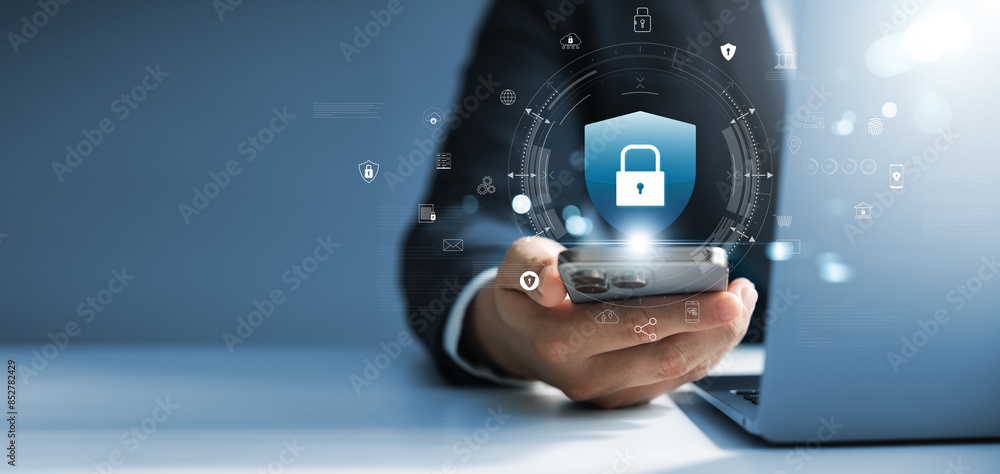 Poster digital key icon cyber ​​security and data protection, businessman using laptop and smartphone secur