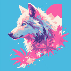 Naklejka premium Wolf creative illustration badge for t-shirt design. Animal wolf concept poster design. Digital artistic raster bitmap illustration. Cyberpunk vaporwave. Graphic design art. 