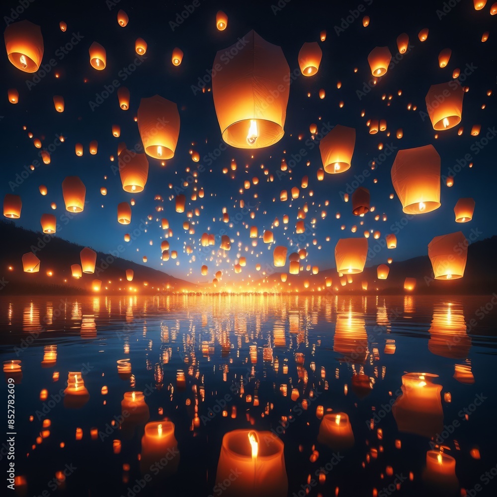 Poster A mesmerizing scene of numerous sky lanterns floating above a tranquil lake at night. The lanterns' warm glow is reflected beautifully on the calm water surface, creating a serene and enchanting