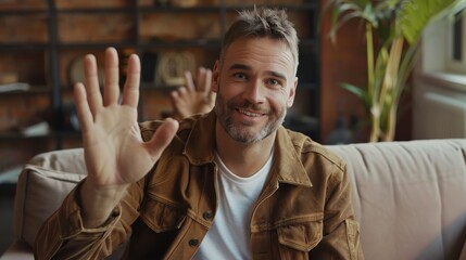 A middle-aged man with a beard sits on a couch in a living room and waves hello. He is wearing a brown jacket over a white t-shirt. The room has warm lighting and the man is smiling warmly.