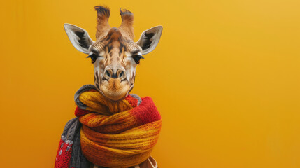 Giraffe look cold and ill with many scarfs on neck. Giraffe in a scarf