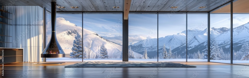 Poster A large room with a fireplace and a view of snow-covered mountains. The room is empty and the fireplace is the only piece of furniture