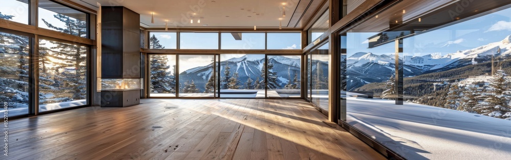 Poster A large open living room with a fireplace and a view of mountains. The room is empty and has a modern, minimalist design