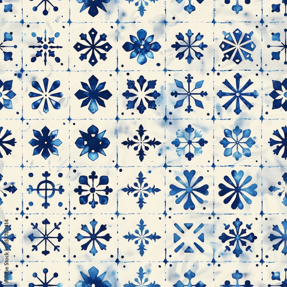 Poster A seamless pattern of blue watercolor snowflakes on a white background. The snowflakes are arranged in a grid pattern, and each snowflake has a unique design. The pattern is perfect for creating a win
