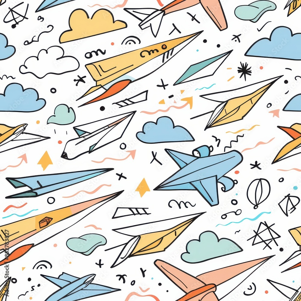 Poster A colorful drawing of airplanes and clouds. The airplanes are drawn in different sizes and positions, with some flying high and others closer to the ground. The clouds are scattered throughout the sky
