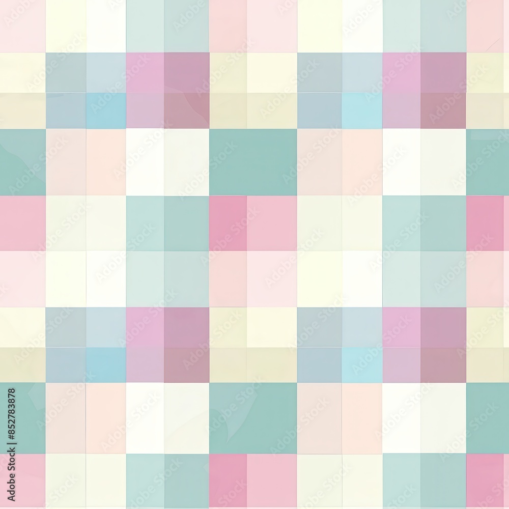 Poster This image features an abstract pattern made up of multiple squares in various shades of pastel green, pink, and blue. The squares are arranged in a grid formation, creating a visually appealing and c