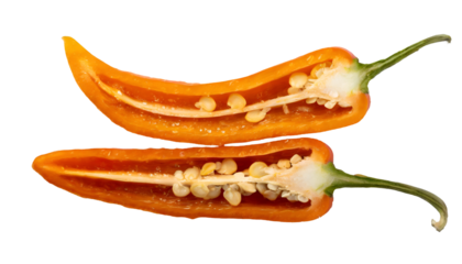 Two Halved Orange Chili Peppers Isolated on transparent Background