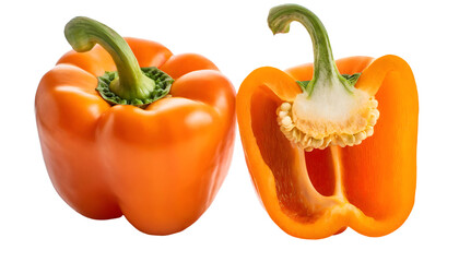A Whole and Halved Orange Bell Pepper Isolated on transparent Background