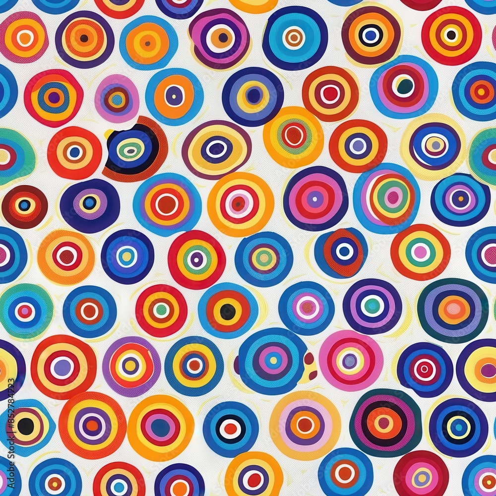 Poster a colorful abstract painting featuring a pattern of concentric circles in various sizes and colors. 