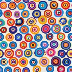 A colorful abstract painting featuring a pattern of concentric circles in various sizes and colors. The circles are layered on top of each other, creating a visually stimulating and dynamic compositio