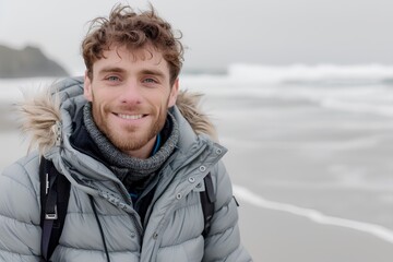 Portrait of a smiling man wearing a down jacket standing on a beach, looking at the camera and having fun, with ocean waves in the background