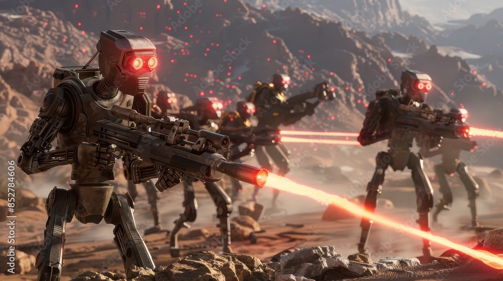 Fototapete a group of robots are fighting in a desert. the robots are all red and have glowing eyes