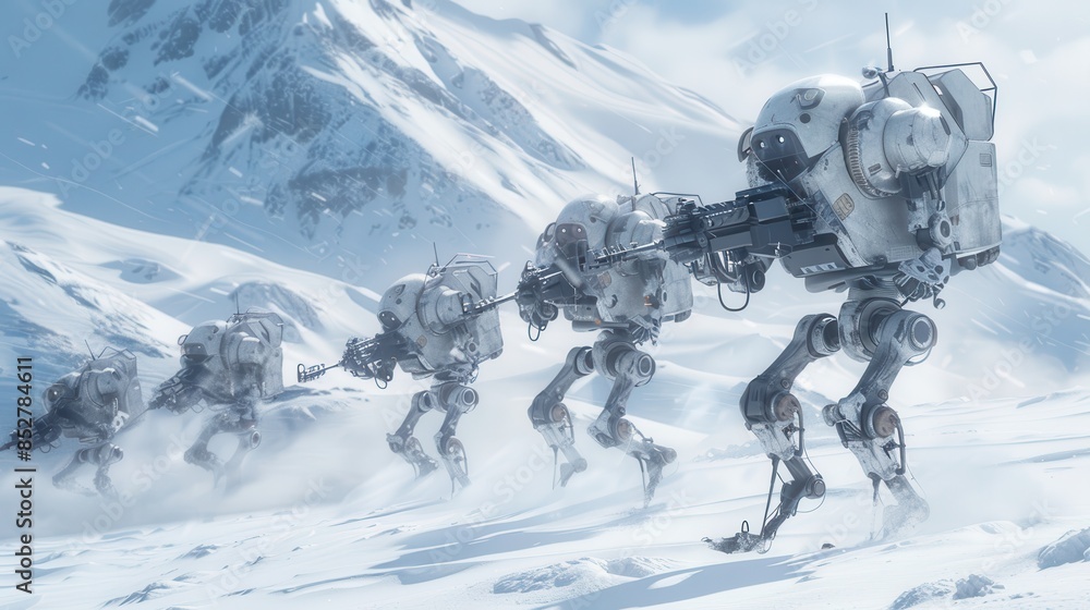 Poster A group of robots are walking through the snow. The robots are white and have weapons. The robots are moving in a line and appear to be in a battle