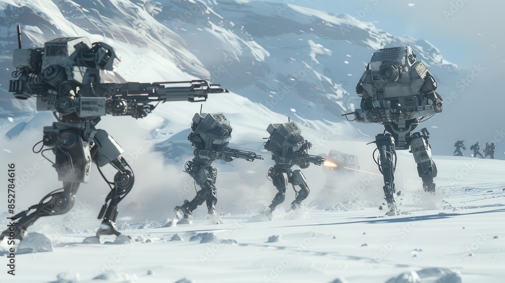 Aufkleber A group of robots are fighting in a snowy landscape. The robots are all different sizes and are equipped with weapons. Scene is intense and action-packed