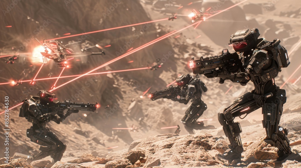 Poster A group of robots are fighting in a desert. The robots are armed with guns and are shooting at each other. The scene is intense and action-packed