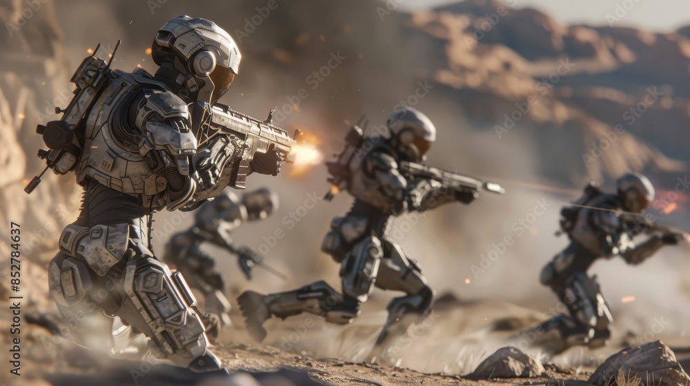 Poster a group of soldiers in space suits are running through a desert, with one of them firing a weapon. t