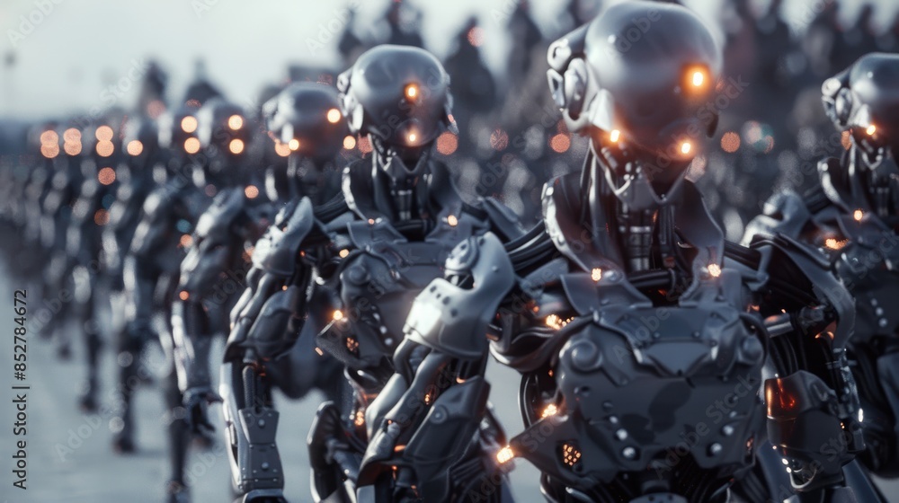 Aufkleber A group of robots are marching in a line. The robots are all the same color and have glowing eyes. The scene is futuristic and gives off a sense of order and discipline
