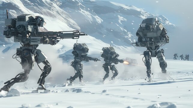 A group of robots are fighting in a snowy landscape. The robots are all different sizes and are equipped with weapons. Scene is intense and action-packed