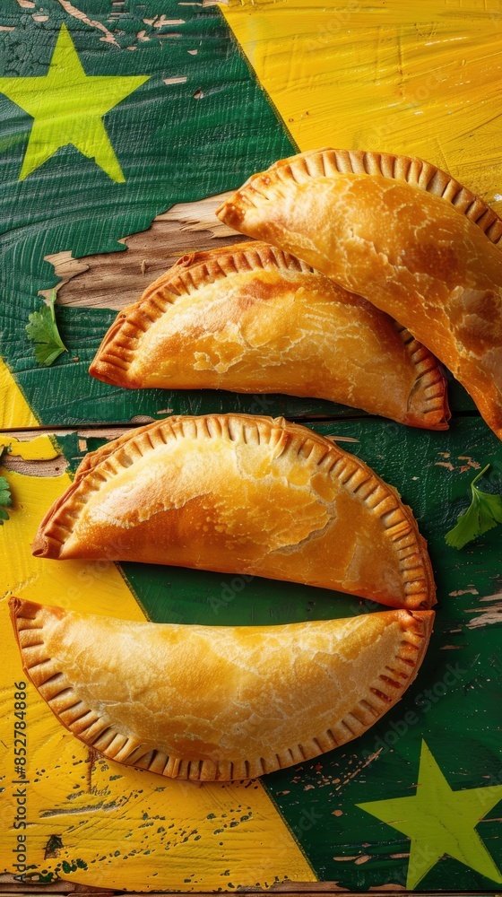 Poster three pastries with a green and yellow background. the pastries are arranged in a row and are cut in