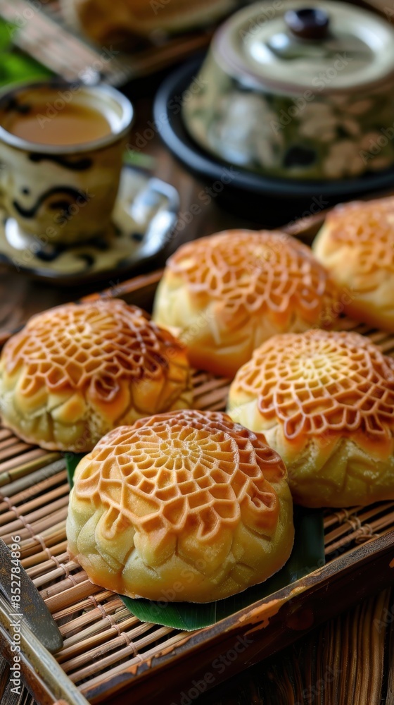 Aufkleber A tray of pastries with a teacup and saucer in the background. The pastries are arranged in a basket and are decorated with a pattern
