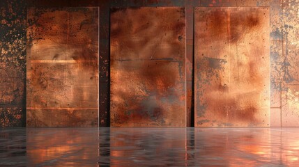 Old copper plates reflecting in empty space with copy space