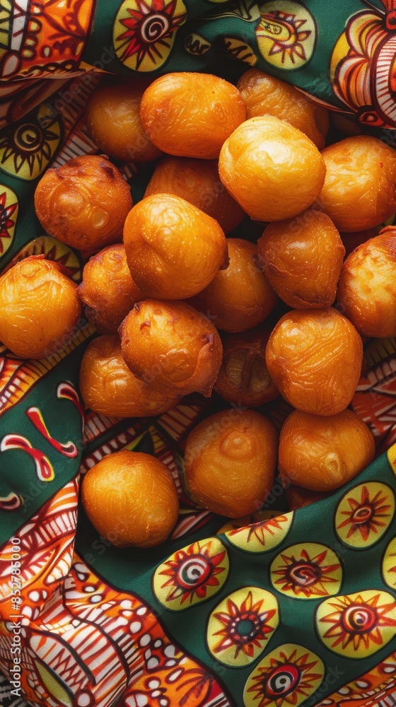Poster a bunch of fried doughnuts are sitting on a green cloth. the doughnuts are golden brown and appear t