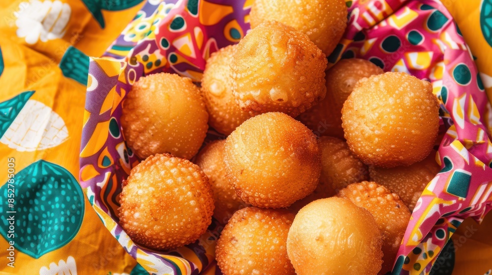 Poster a bowl of fried doughnuts with a colorful cloth underneath. the doughnuts are golden brown and arran