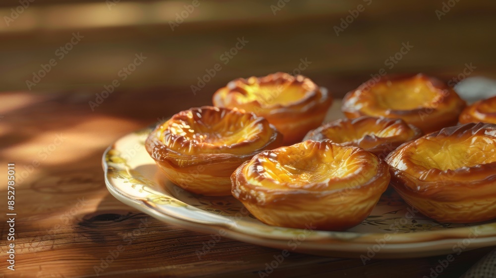 Poster a plate of pastries with a yellow glaze. the pastries are arranged in a neat row on a wooden table