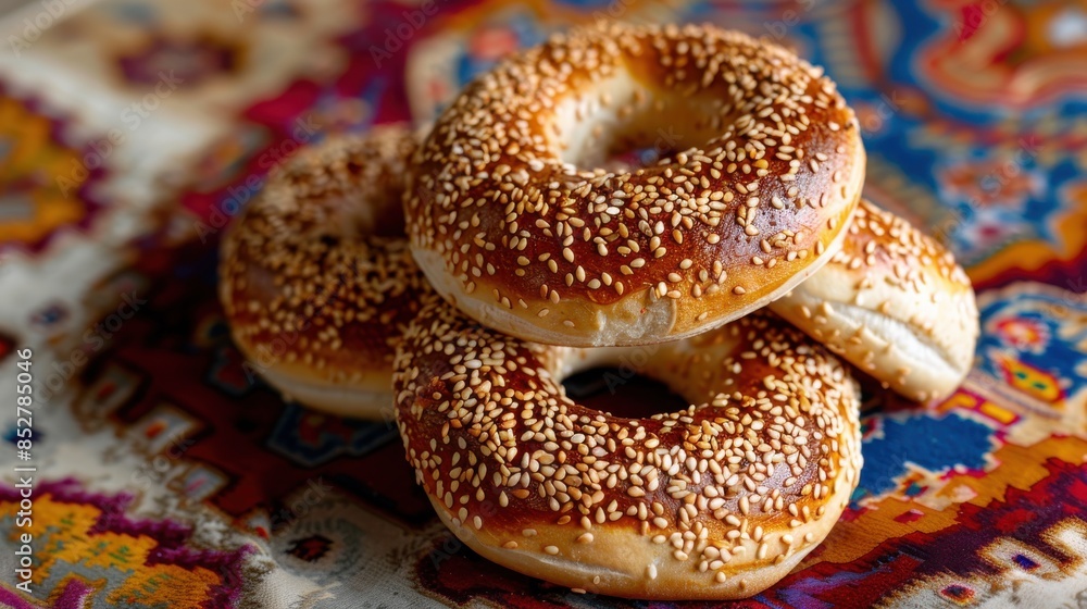 Poster a stack of sesame seed bagels on a table. the bagels are brown and have a hole in the middle