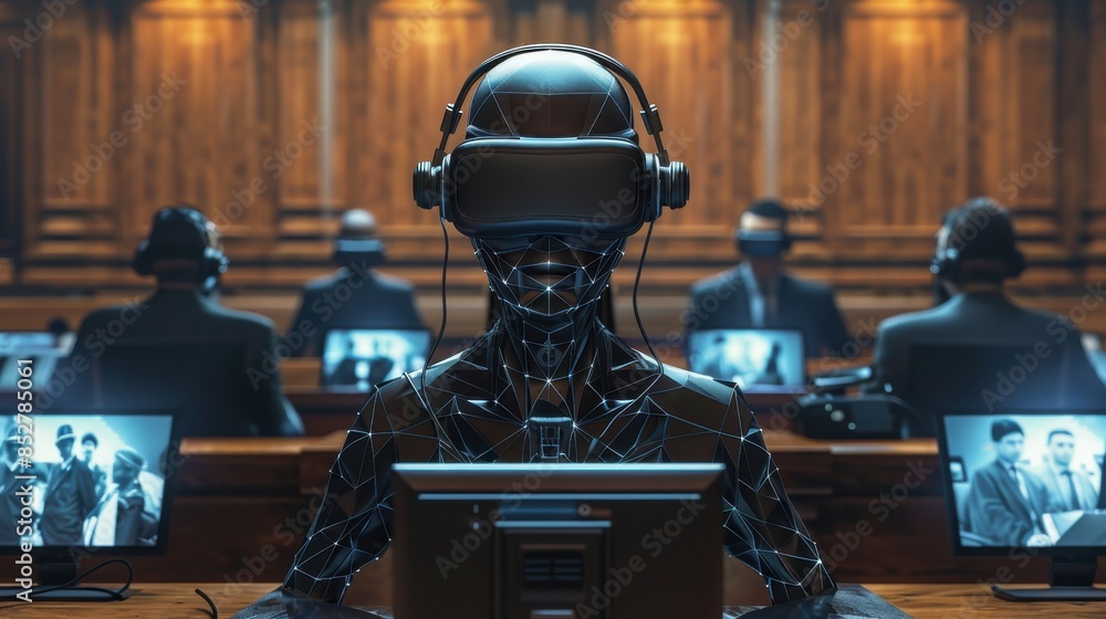Leinwandbilder a man in a vr headset is sitting in front of a computer monitor. he is surrounded by other people in
