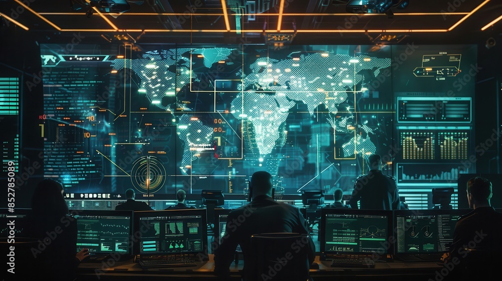 Poster a group of people are sitting in front of a large computer screen that shows a map of the world