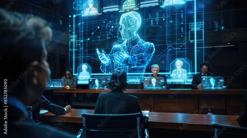 Poster a group of people are sitting at a table in front of a large screen. the screen is displaying a man 