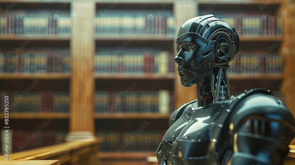 Aufkleber A robot is standing in front of a library with books. The robot has a metallic appearance and is wearing a helmet. The scene gives off a futuristic and technological vibe