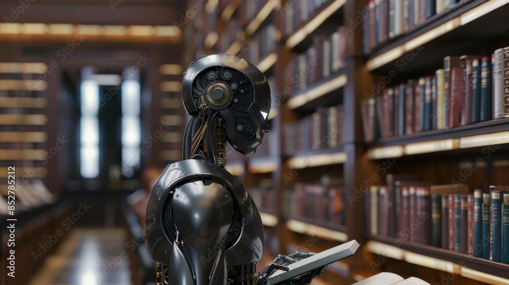 Fototapete a robot is standing in a library, reading a book. the robot is wearing a helmet and has a metallic a