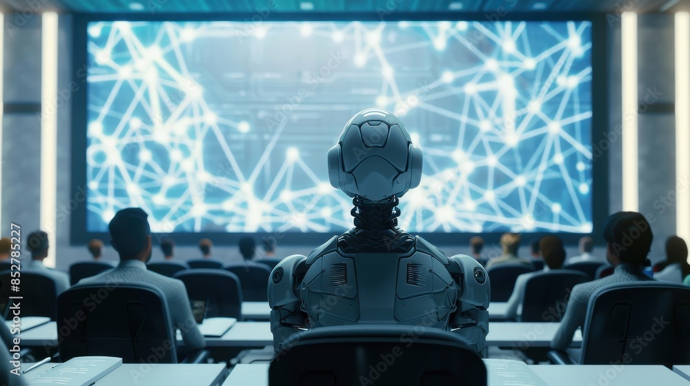 Aufkleber a robot is sitting in a classroom with a group of people. the robot is looking at the camera and he 