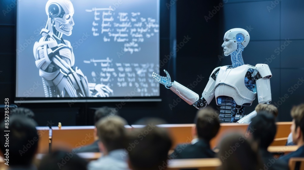 Poster A robot is standing in front of a large screen with a group of people watching. The robot is pointing to the screen, which has a diagram on it. Scene is educational and informative