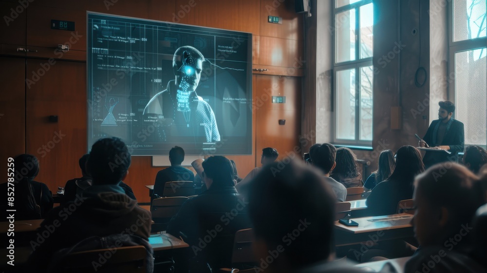 Poster A classroom full of students watching a projection of a man's face. The man's face is shown in a 3D format, and the students are all looking at it intently. Scene is one of curiosity and interest
