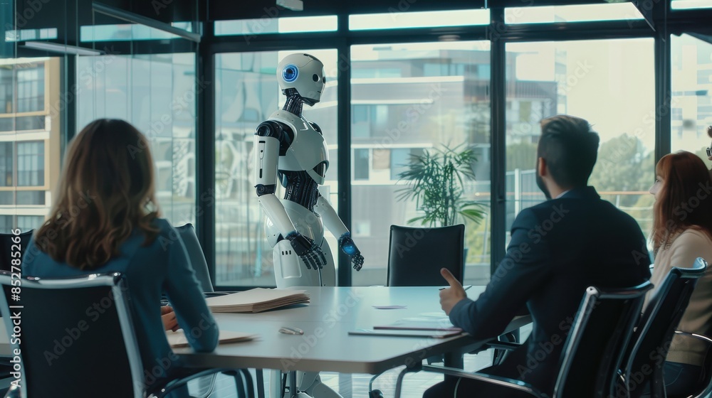 Poster A robot is standing in front of a group of people in a conference room. The robot is wearing a white suit and has a blue button on its chest